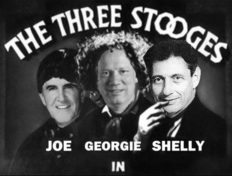 Black & White movie poster: across the top it says 'The Three Stooges'; below this are the faces of Joseph Bruno, George Pataki and Sheldon Silver appearing to have the hair and clothing of the original Three Stooges. Below the faces are the words, 'Joe, Georgie Shelly in...'