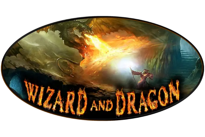 Image shows a wizard battling a dragon with his staff as the dragon breathes fire into the wizard's shield, the words "Wizard and Dragon" written below in fire.