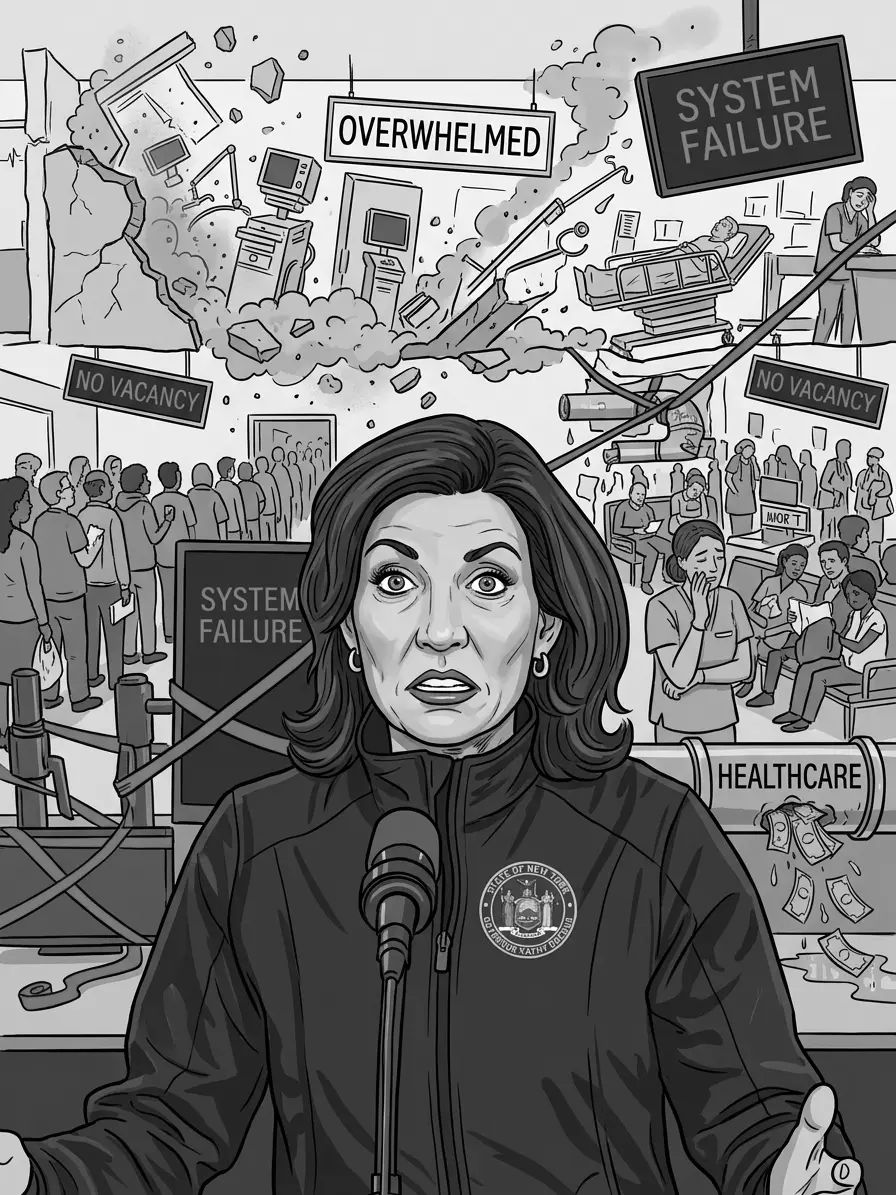 A black-and-white illustration of Governor Kathy Hochul speaking at a podium into a microphone, looking directly forward with a serious, concerned, and slightly bewildered expression. She wears a jacket with the seal of the New York Governor. Behind her is a chaotic hospital scene. Medical equipment appears broken or overturned, with debris and dust clouds in the air. Several signs read “SYSTEM FAILURE” and “OVERWHELMED.” Groups of people stand in long lines beneath “NO VACANCY” signs, indicating overcrowding. Patients lie in hospital beds while healthcare workers and others nearby appear distressed or anxious. In the lower right, a pipe labeled “HEALTHCARE” is shown leaking money, symbolizing financial strain or loss. Overall, the image conveys a sense of crisis and collapse within the healthcare system, with the speaker struggling to address the situation publicly.