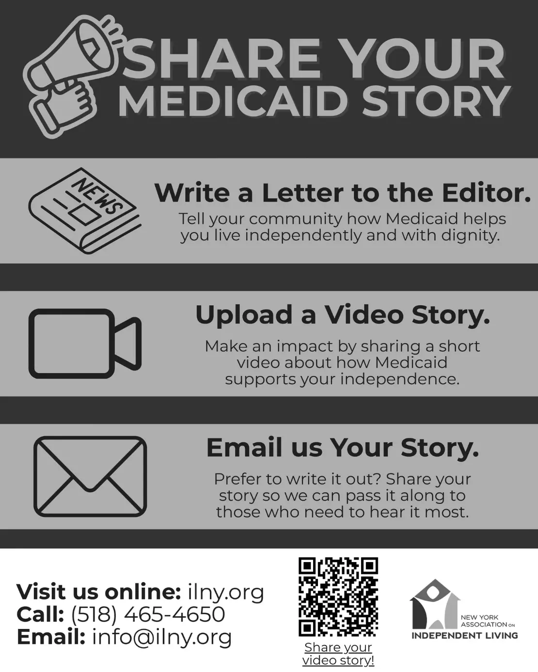 A promotional graphic encouraging people to share their personal experiences with Medicaid. The layout is divided into sections with simple icons and bold headings.