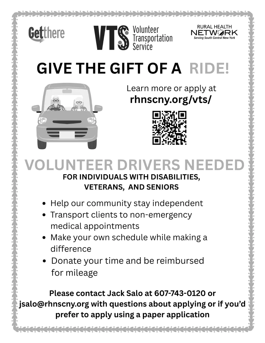 An advertisement recruiting volunteer drivers for individuals with disabilities: