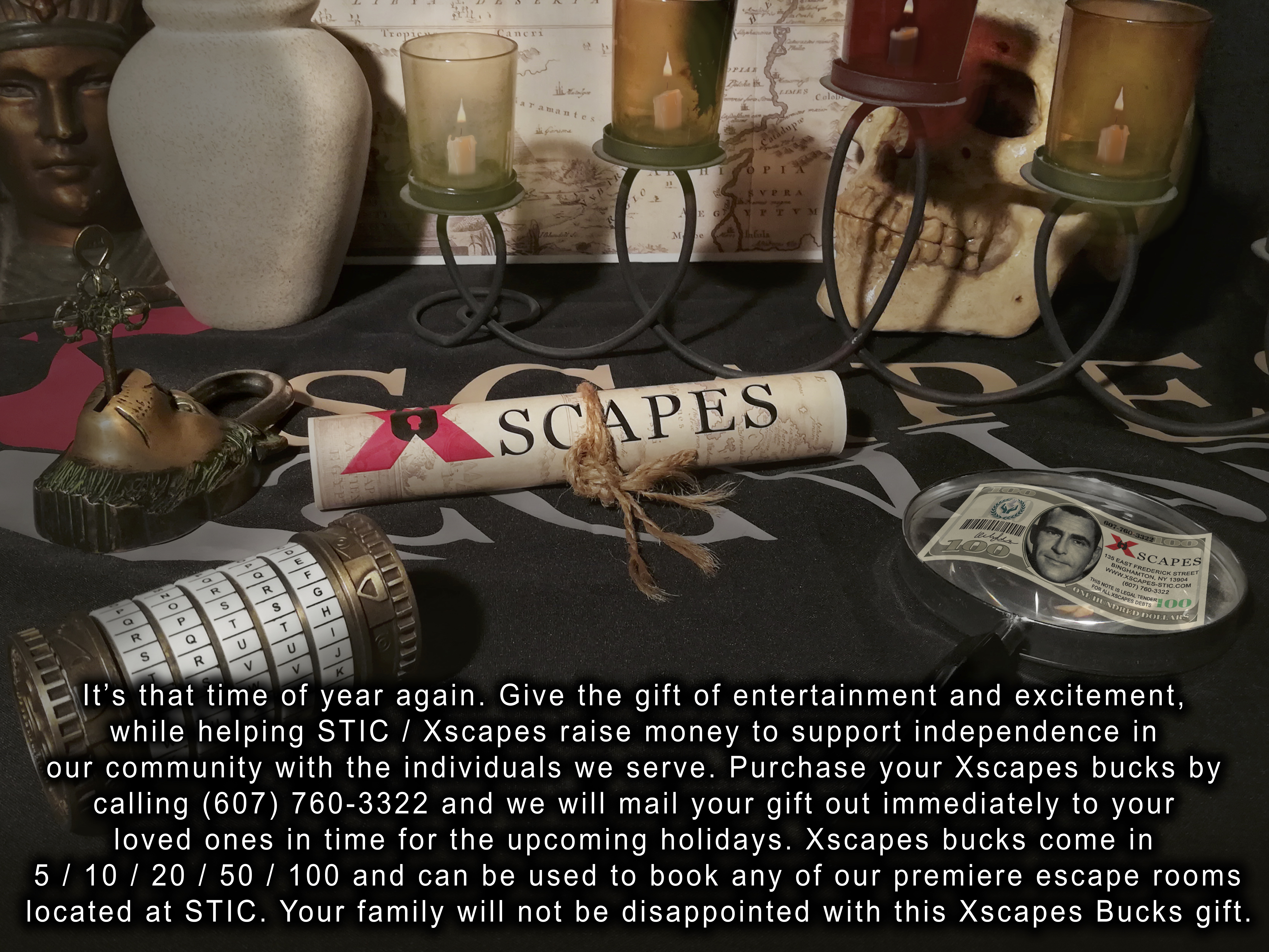 Xscapes bucks promo with picture of Xscapes dollars and escape room items in background, like clues / candles / 5 letter cryptex to solve and open. 